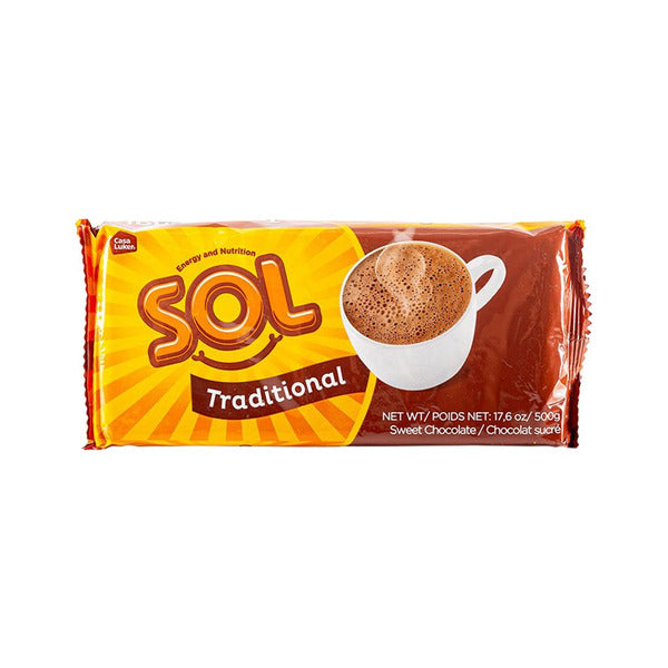 Chocolate Luker Sol dulce utilizado para preparar bebidas calientes y recetas tradicionales colombianas.