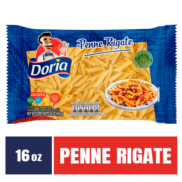 Pasta Penne Rigate Doria ideal para recetas italianas con salsas cremosas o de tomate.