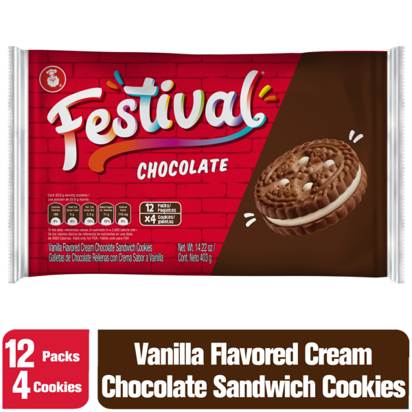 Galletas Festival sabor chocolate con relleno cremoso y sabor intenso a cacao.
