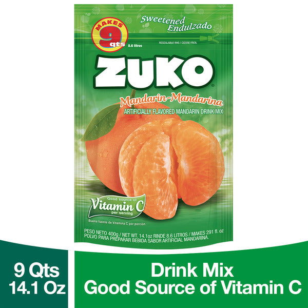 Mezcla en polvo Zuko sabor mandarina para preparar bebidas refrescantes con sabor cítrico y frutal.
