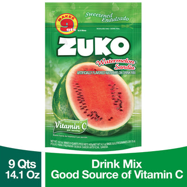 Mezcla en polvo Zuko sabor sandía para preparar bebidas dulces y refrescantes.