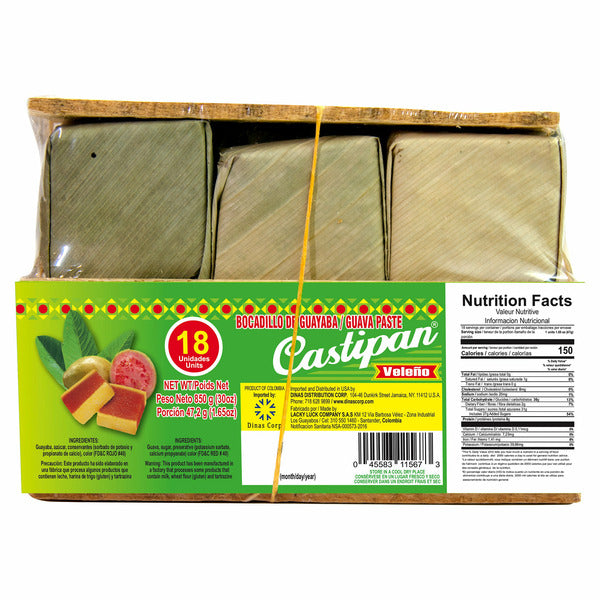 Bocadillo veleño tradicional Castipan elaborado con pulpa de guayaba y empaque en hoja tradicional.