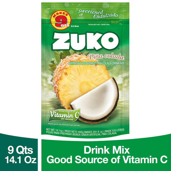 Mezcla en polvo Zuko sabor piña coco para preparar bebidas tropicales refrescantes.