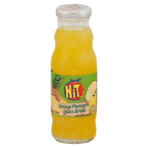 Bebida Hit sabor naranja y piña en botella de vidrio con mezcla de sabores frutales tropicales.