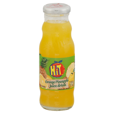 Bebida Hit sabor naranja y piña en botella de vidrio con mezcla de sabores frutales tropicales.