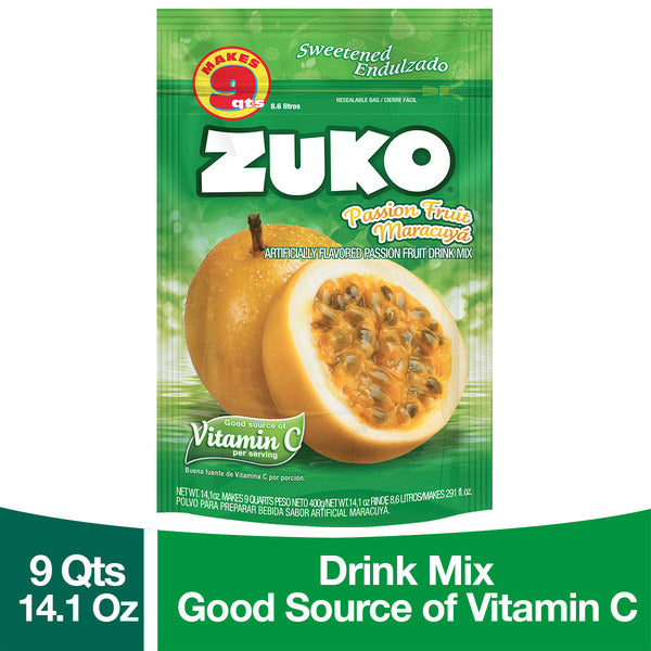 Mezcla en polvo Zuko sabor maracuyá para preparar bebidas refrescantes de fruta tropical.