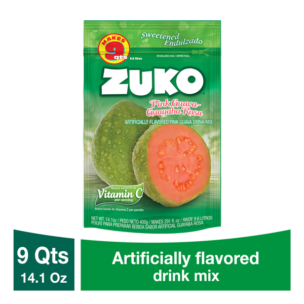 Mezcla en polvo Zuko sabor guayaba rosada para preparar bebidas tropicales refrescantes.