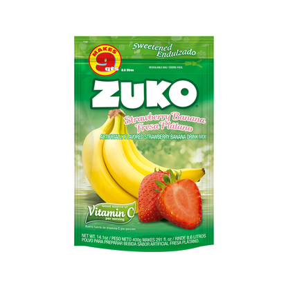 Mezcla en polvo Zuko sabor fresa banano para preparar bebidas con combinación frutal.