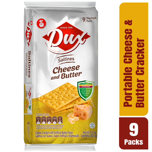 Crackers Dux sabor queso y mantequilla con textura ligera y crujiente.