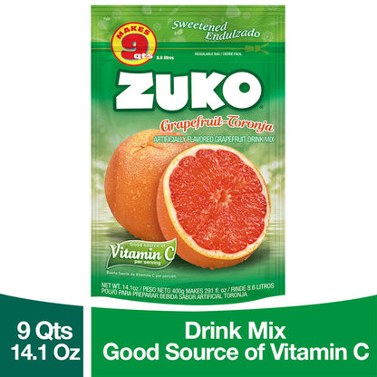 Mezcla en polvo Zuko sabor toronja para preparar bebidas cítricas y refrescantes.