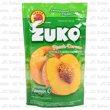 Mezcla en polvo Zuko sabor durazno para preparar bebidas frutales y refrescantes.