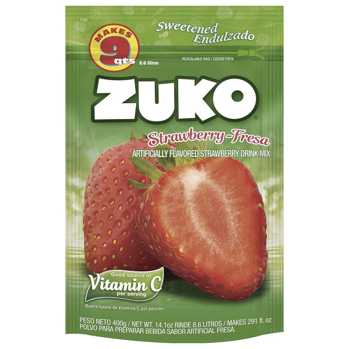 Mezcla en polvo Zuko sabor fresa para preparar bebidas dulces y refrescantes.