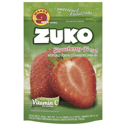 Mezcla en polvo Zuko sabor fresa para preparar bebidas dulces y refrescantes.