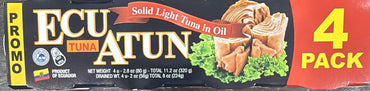 Pack de atún Ecuatun en aceite con 4 latas individuales ideal para despensa y consumo frecuente.