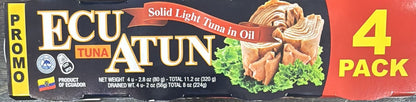 Pack de atún Ecuatun en aceite con 4 latas individuales ideal para despensa y consumo frecuente.