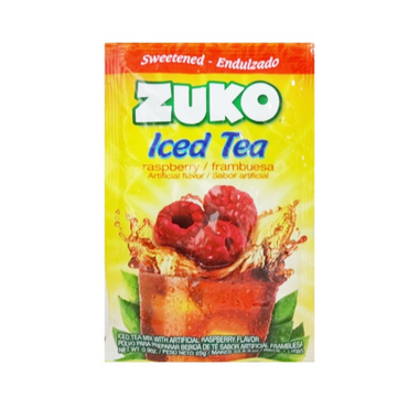 Mezcla individual Zuko sabor té de frambuesa para preparar bebidas refrescantes en cualquier momento.