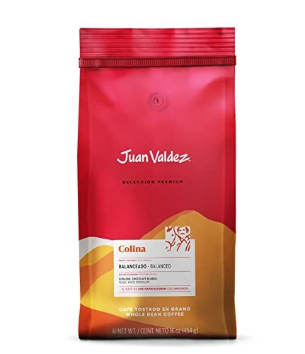 Café colombiano Juan Valdez Colina en grano entero con aroma intenso y tostado tradicional para moler al gusto.