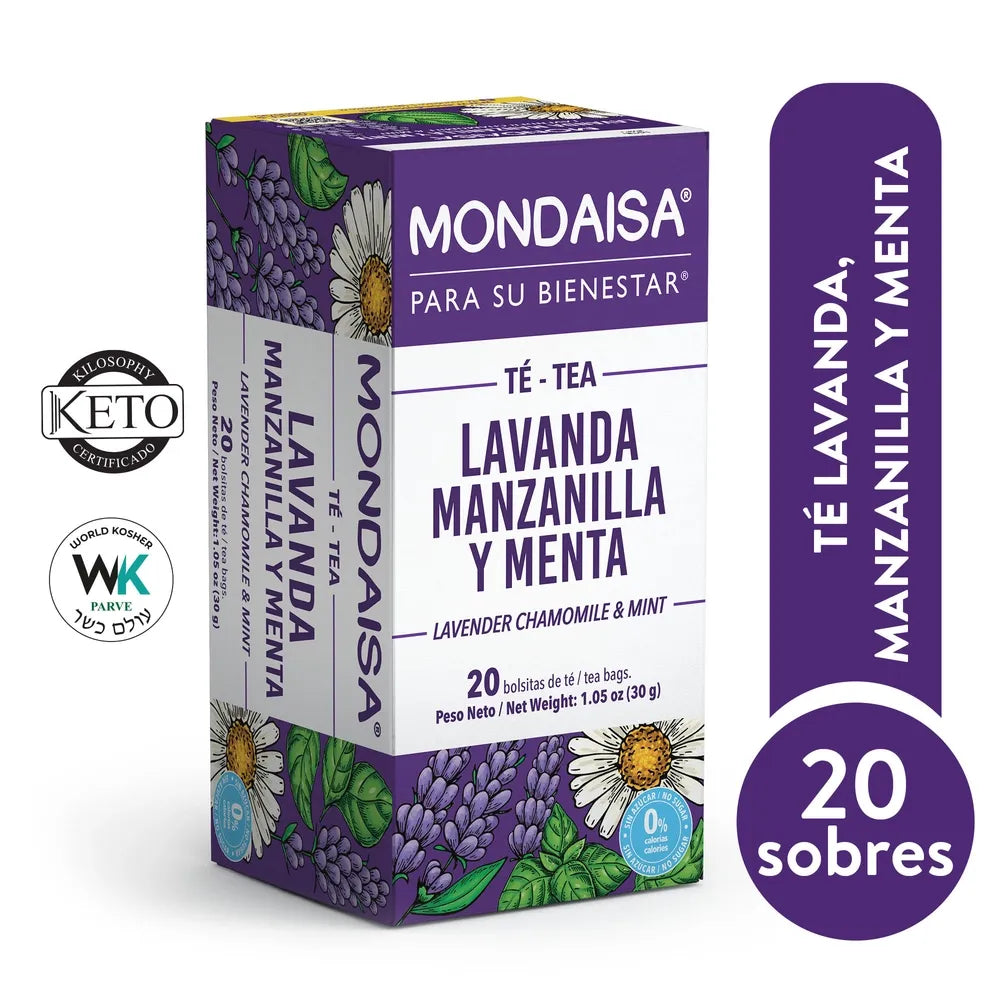 Té de lavanda, manzanilla y menta Mondaisa con mezcla relajante.
