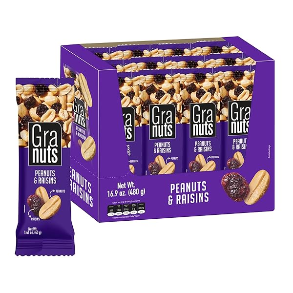 Mezcla de maní y pasas Granuts, una combinación práctica y deliciosa para disfrutar como snack.