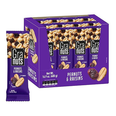 Mezcla de maní y pasas Granuts, una combinación práctica y deliciosa para disfrutar como snack.