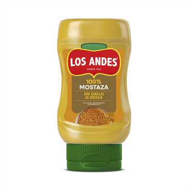 Mostaza Los Andes en envase squeeze con sabor clásico para hot dogs y hamburguesas.