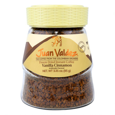 Café instantáneo Juan Valdez sabor vainilla y canela elaborado con café colombiano liofilizado.