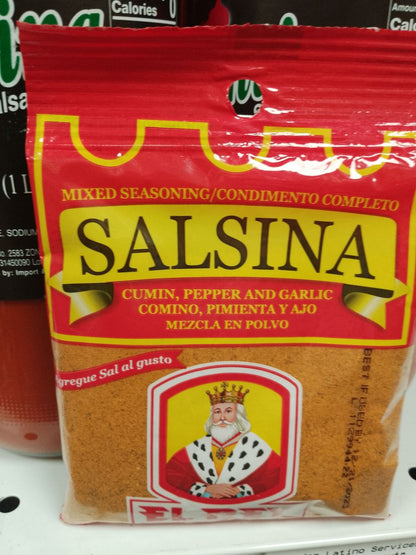 Mezcla de especias El Rey Salsina utilizada para sazonar carnes, sopas, arroz y recetas tradicionales latinas.