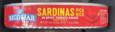 Sardinas ovaladas Ricomar en salsa picante ideales para recetas latinas y comidas rápidas.