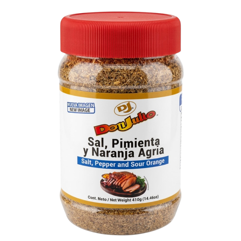 Presentación jumbo de sal, pimienta y naranja agria Don Julio para cocina comercial.