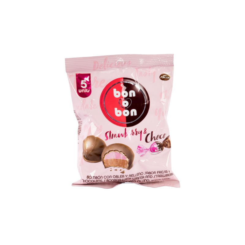 Bon o Bon sabor fresa y chocolate en bolsa doypack de 10 unidades.
