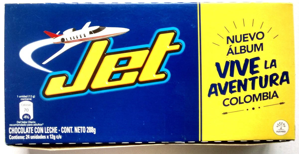 Chocolate con leche Jet en presentación display ideal para exhibición y venta individual.