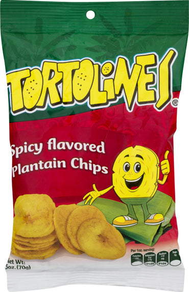Chips de plátano picante Tortolines con textura crujiente ideales para snacks.