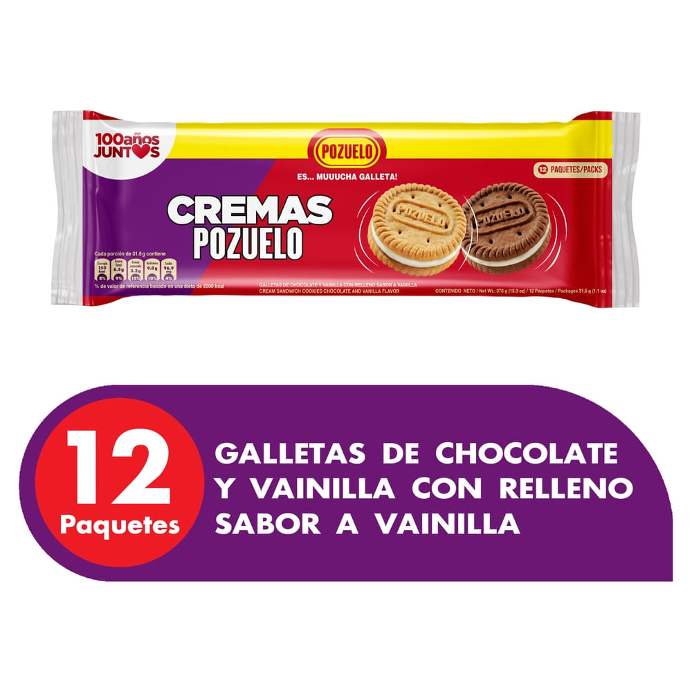 Galletas Cremas Pozuelo con sabores de chocolate y vainilla en una práctica presentación surtida.