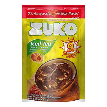 Mezcla en polvo Zuko sabor té de durazno para preparar bebidas refrescantes estilo iced tea.