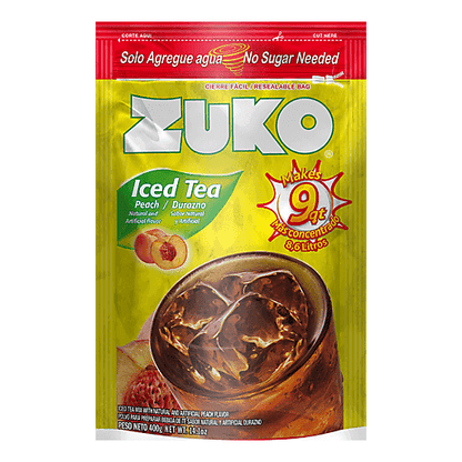 Mezcla en polvo Zuko sabor té de durazno para preparar bebidas refrescantes estilo iced tea.