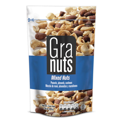 Mezcla de frutos secos Granuts en presentación doy pack ideal para compartir o consumir durante el día.