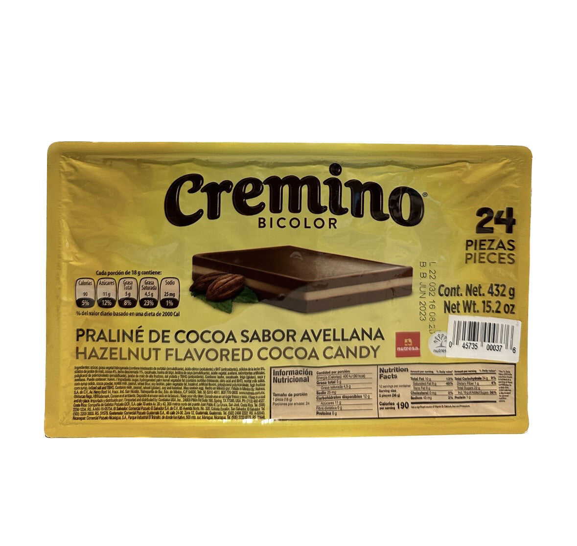 Cremino Bicolor con mezcla de chocolate y crema en presentación de bandeja ideal para exhibición y venta individual.