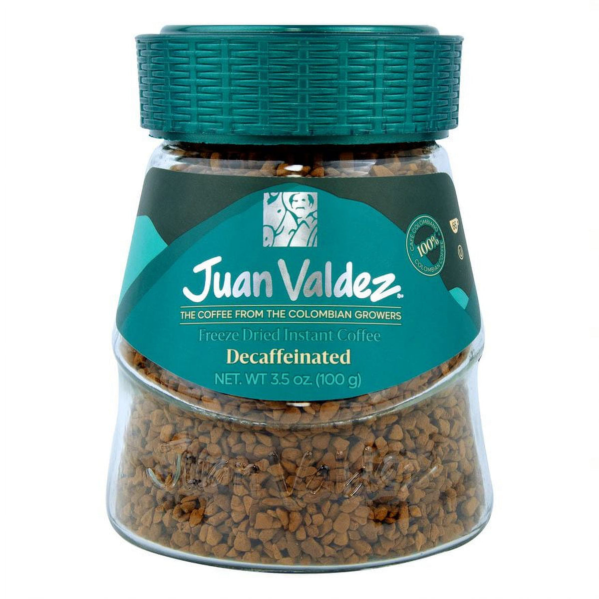 Café instantáneo descafeinado Juan Valdez elaborado con café colombiano liofilizado y sabor tradicional.