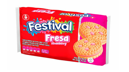 Galletas Festival sabor fresa con delicioso relleno dulce y textura crujiente.